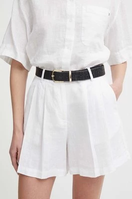 Sisley szorty lniane kolor biały gładkie high waist