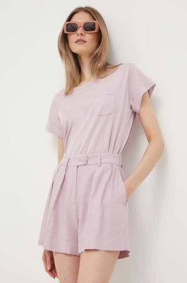 Sisley szorty lniane kolor fioletowy gładkie high waist