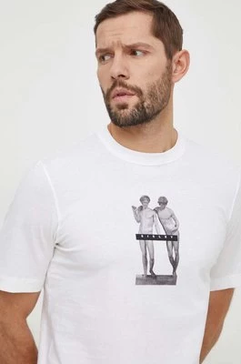 Sisley t-shirt bawełniany męski kolor beżowy z nadrukiem
