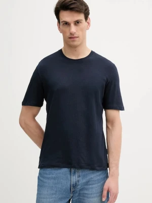 Sisley t-shirt z domieszką lnu męski kolor granatowy gładki 3D8FS104L