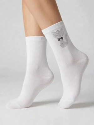 Skarpetki damskie bawełniane z dżetowym kotkiem białe - SC F83 MARILYN