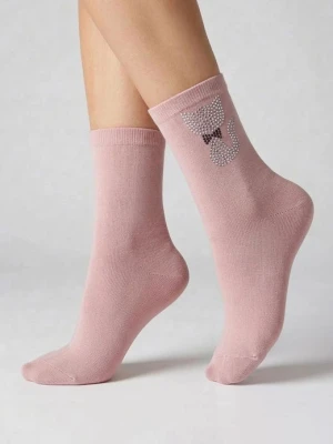 Skarpetki damskie bawełniane z dżetowym kotkiem różowe - SC F83 MARILYN