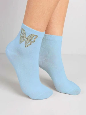 Skarpetki damskie bawełniane z dżetowym motylem jasnoniebieskie - Footies F81 MARILYN