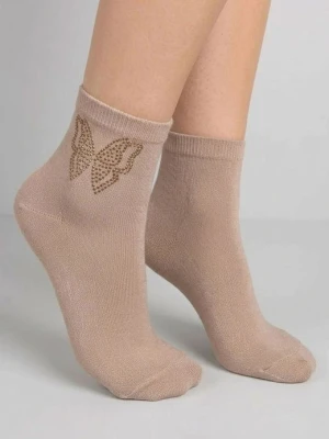 Skarpetki damskie bawełniane z dżetowym motylem kawowe - Footies F81 MARILYN