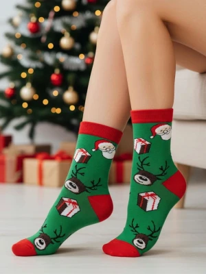 Skarpetki damskie bawełniane z grafiką Mikołajów i reniferów Santa Deer 2 Marilyn