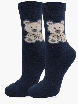 Skarpetki damskie ciepłe z wełną i angorą z motywem misia - Angora F32 MARILYN