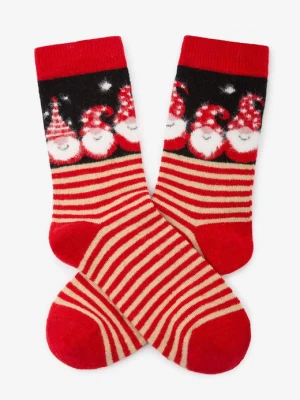 Skarpetki damskie z angorą z świątecznymi skrzatami czerwono-beżowe D33 Marilyn