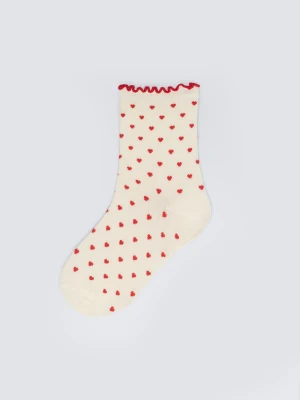Skarpety damskie długie w czerwone serduszka białe Hartisa 100 BIG STAR
