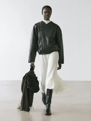 Skórzana Bomberka - Czarny - - Massimo Dutti - Kobieta