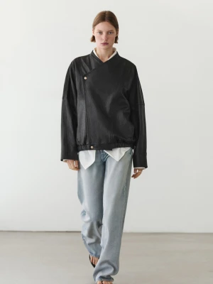 Skórzana Bomberka - Czarny - - Massimo Dutti - Kobieta