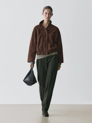 Skórzana Bomberka Zamszowa - Brązowy - - Massimo Dutti - Kobieta
