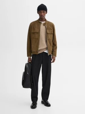 Skórzana Kurtka Biker Z Zamszu Z Kieszeniami - Norkowy - - Massimo Dutti - Mężczyzna