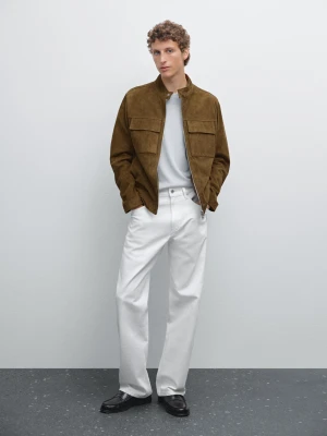Skórzana Kurtka Biker Z Zamszu Z Kieszeniami - Norkowy - - Massimo Dutti - Mężczyzna