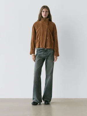 Skórzana Kurtka Z Zamszu Z Guzikami - Wielbłądzi - - Massimo Dutti - Kobieta