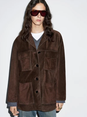 Skórzana Kurtka Z Zamszu Z Kieszeniami - Brązowy - - Massimo Dutti - Kobieta