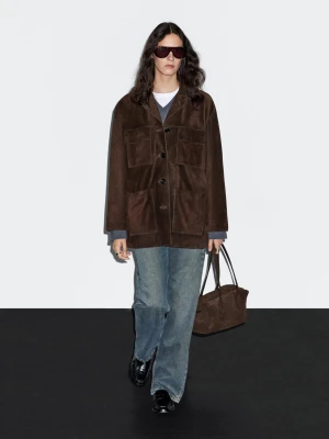 Skórzana Kurtka Z Zamszu Z Kieszeniami - Brązowy - - Massimo Dutti - Kobieta