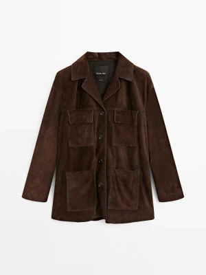 Skórzana Kurtka Z Zamszu Z Kieszeniami - Brązowy - - Massimo Dutti - Kobieta