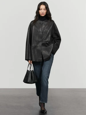 Skórzana Kurtka Z Zapięciem Na Kołeczki - Czarny - Massimo Dutti - Female