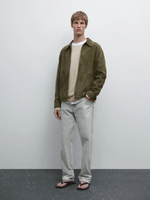 Skórzana Kurtka Zamszowa - Khaki - - Massimo Dutti - Mężczyzna