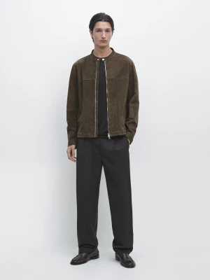 Skórzana Kurtka Zamszowa - Khaki - - Massimo Dutti - Mężczyzna