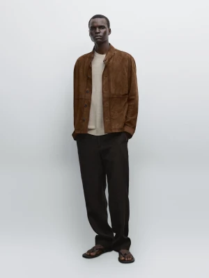 Skórzana Kurtka Zamszowa - Sprany - - Massimo Dutti - Mężczyzna