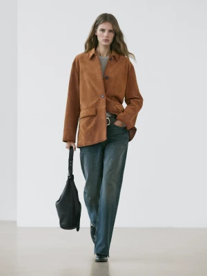Skórzana Kurtka Zamszowa - Wielbłądzi - - Massimo Dutti - Kobieta