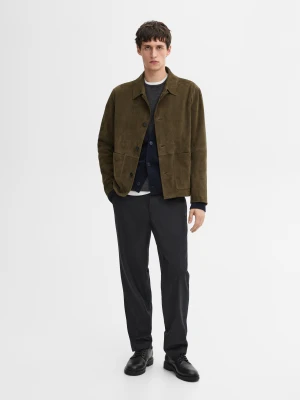 Skórzana Kurtka Zamszowa Z Naszytymi Kieszeniami - Khaki - - Massimo Dutti - Mężczyzna