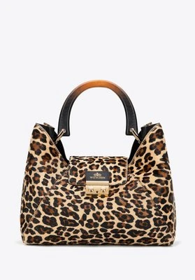 Skórzana shopperka z włosiem we wzór panterki brązowo - czarna Wittchen