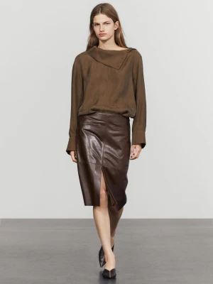 Skórzana Spódnica Midi Z Kieszeniami - Czekoladowy - Massimo Dutti - Female