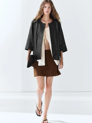 Skórzana Spódnica Mini Z Zamszu - Szarobrązowy - Massimo Dutti - Female