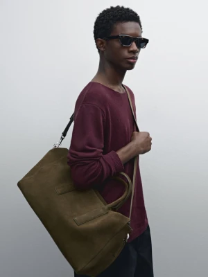 Skórzana Torba Podróżna Z Zamszu - Khaki - - Massimo Dutti - Mężczyzna