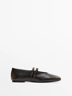 Skórzane Balerinki Z Podwójnym Paskiem - Brązowy - Massimo Dutti - Female