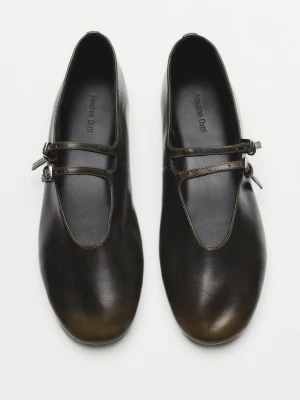 Skórzane Balerinki Z Podwójnym Paskiem - Brązowy - Massimo Dutti - Female