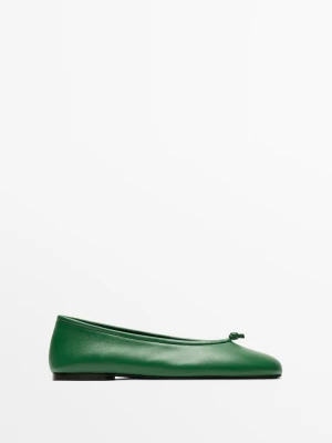 Skórzane Balerinki Z Węzełkiem - Zielony - Massimo Dutti - Female