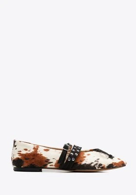 Skórzane baleriny z naturalnym włosiem kremowo - brązowe Wittchen