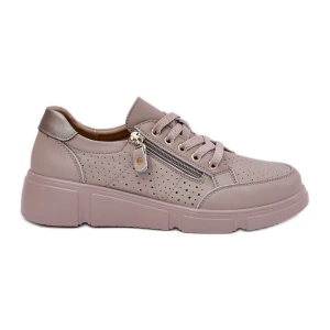 Skórzane Buty Sportowe Sneakersy Na Platformie Z Zamkiem Vinceza 88019 Ciemnobeżowe beżowy