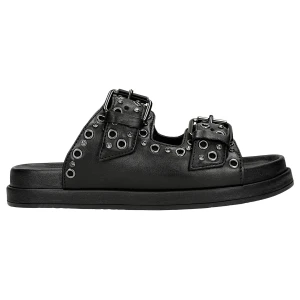 Czarne klapki ze skóry licowej z ozdobnymi nitami 74125-51 Wojas