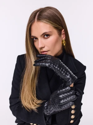 Skórzane czarne rękawiczki z plecionej skóry TARANKO