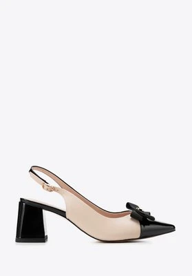 Skórzane czółenka na słupku beżowo - czarne Wittchen