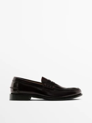 Skórzane Mokasyny Z Poprzecznym Paskiem - Bordowy - - Massimo Dutti - Mężczyzna