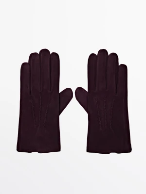 Skórzane Rękawiczki Zamszowe - Bordowy - - Massimo Dutti - Kobieta