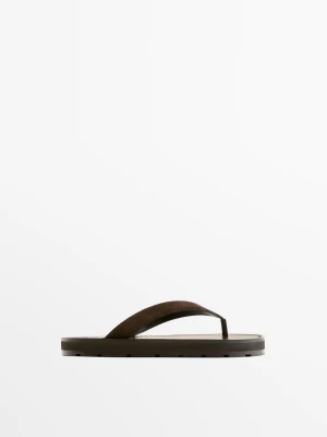 Skórzane Sandały Japonki - Brązowy - - Massimo Dutti - Kobieta