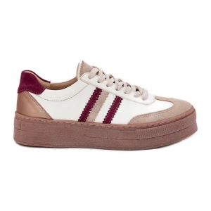 Skórzane Sneakersy Damskie Na Platformie Zazoo N1234 Beżowo-Bordowe beżowy