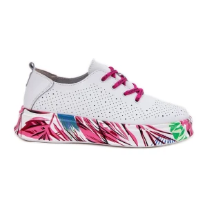 Skórzane Sneakersy Damskie Na Wzorzystej Platformie Vinceza 88017 Białe