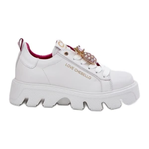 Skórzane Sneakersy Z Ozdobną Broszką Ananas CheBello 4651 Białe