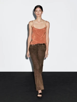 Skórzane Spodnie Z Koziej Skóry Z Zamszowym Wykończeniem - Brązowy - - Massimo Dutti - Kobieta