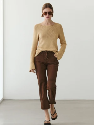 Skórzane Spodnie Zamszowe Cropped Z Troczkami - Brązowy - - Massimo Dutti - Kobieta