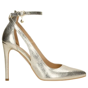 Złote metaliczne szpilki damskie z weluru foliowanego 35065-58 Wojas