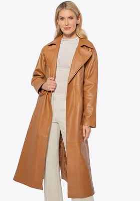 Skórzany damski płaszcz z paskiem karmelowy Wittchen