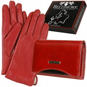 Skórzany portfel rękawiczki damskie zestaw prezent czerwony Merg